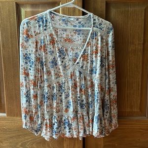 American Eagle Peplum V Neck Long Sleeve Shirt Sz S